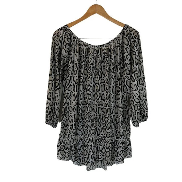 Lane Bryant Sheer Animal Print Blouse Plus 18/20 Elastic Ruffle Hem 3/4 Sleeves - Picture 2 of 6